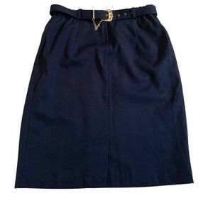 Vintage 80s Principles Petite Black Midi Skirt | Gold Chain Belt Detail Size 12